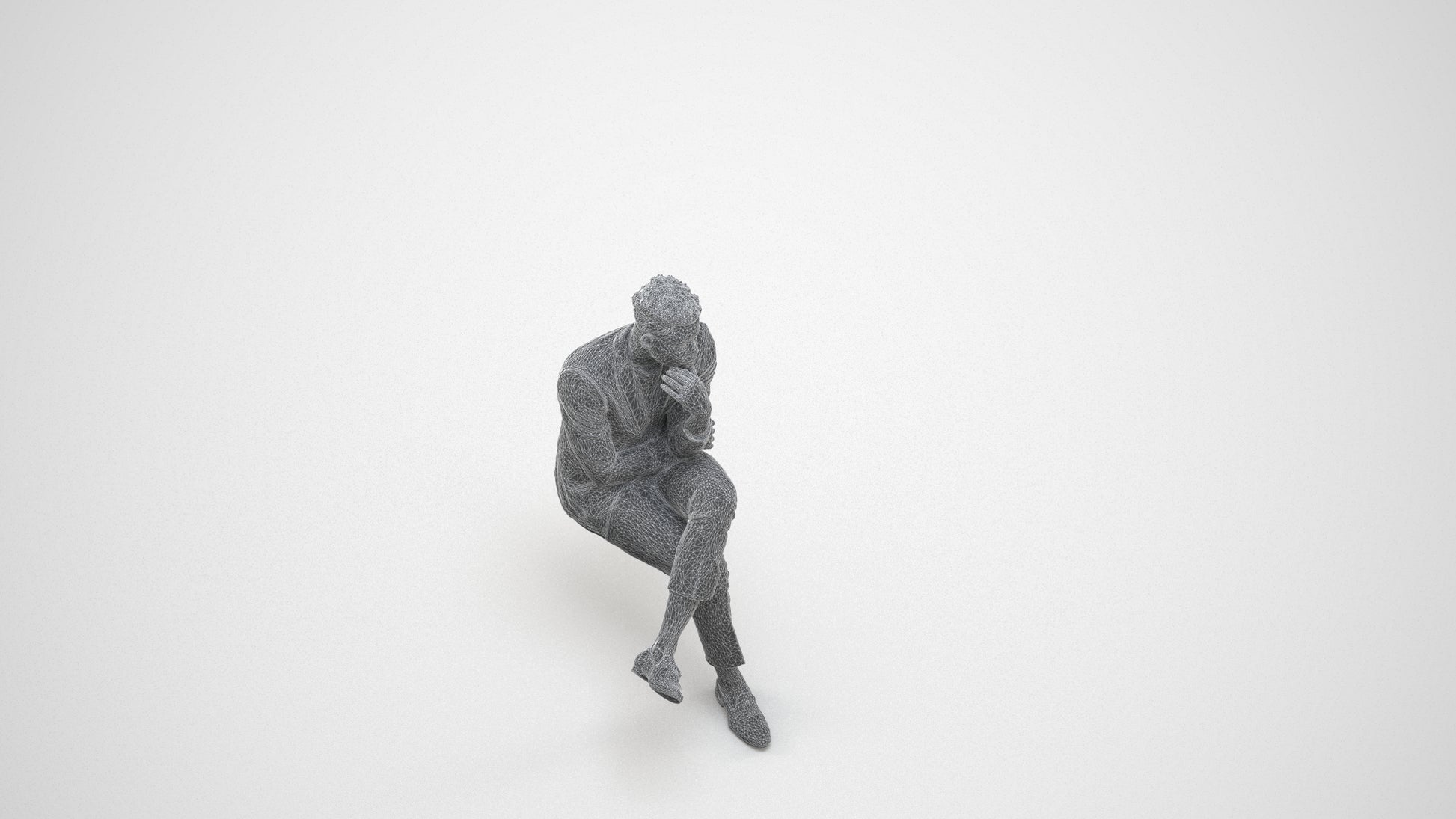 scanned 3D man casual sitting, photogrammetry people for Enscape and V-Ray, wireframe three-quarter view