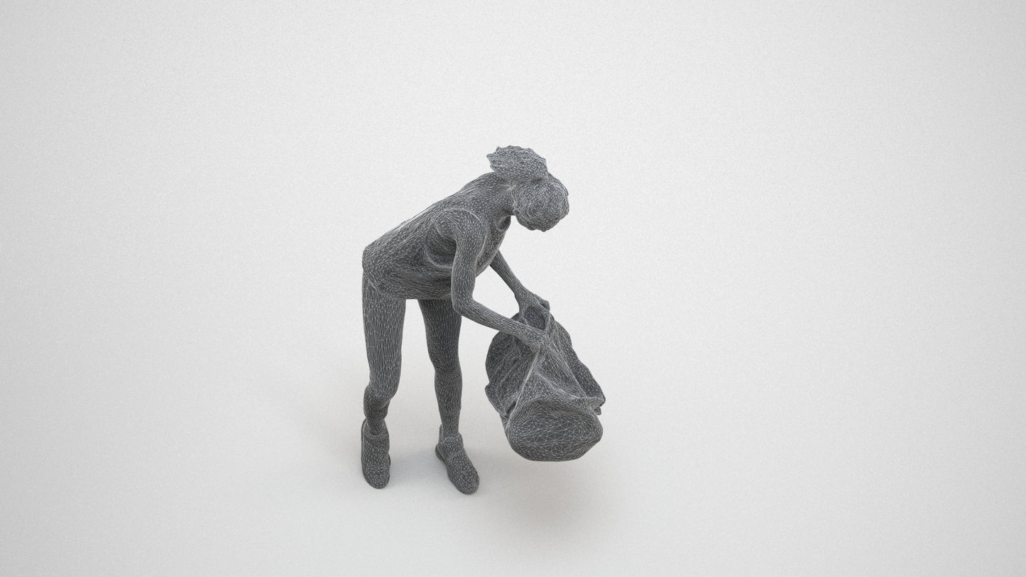 3D human model woman sport, photogrammetry scanned person for archviz, wireframe three-quarter view