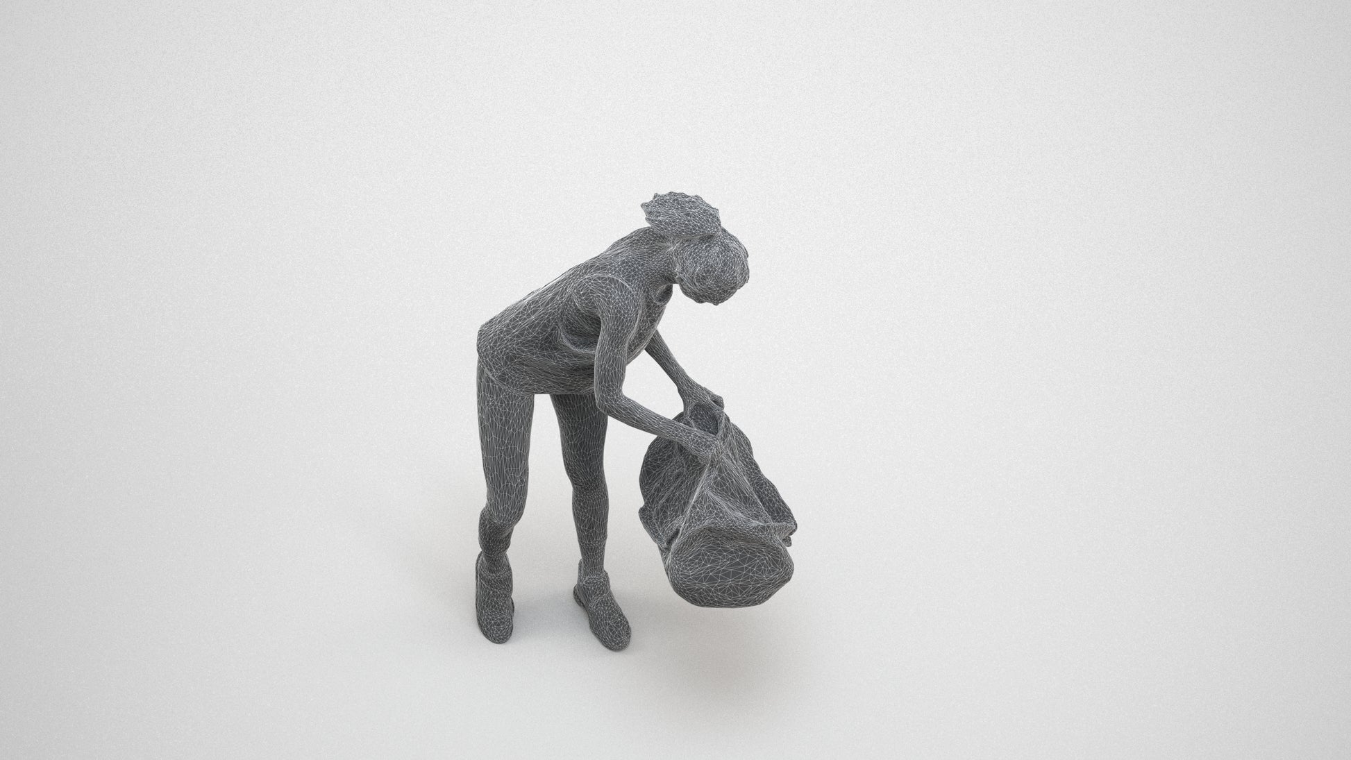 3D human model woman sport, photogrammetry scanned person for archviz, wireframe three-quarter view