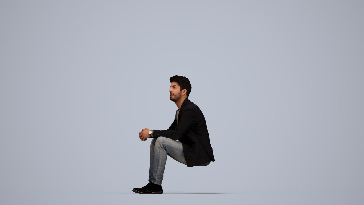 realistic 3D man casual sitting, scanned archviz people for Blender and 3ds Max, top-down view render