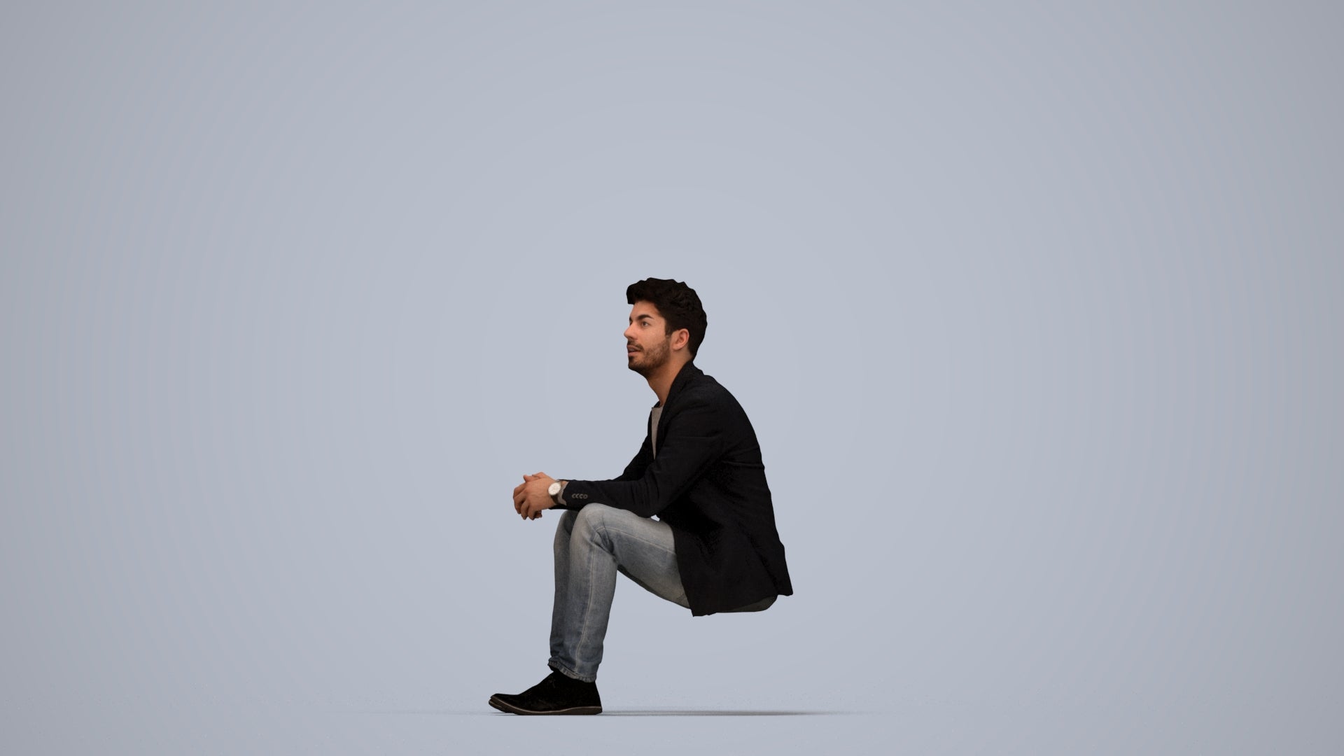 realistic 3D man casual sitting, scanned archviz people for Blender and 3ds Max, top-down view render
