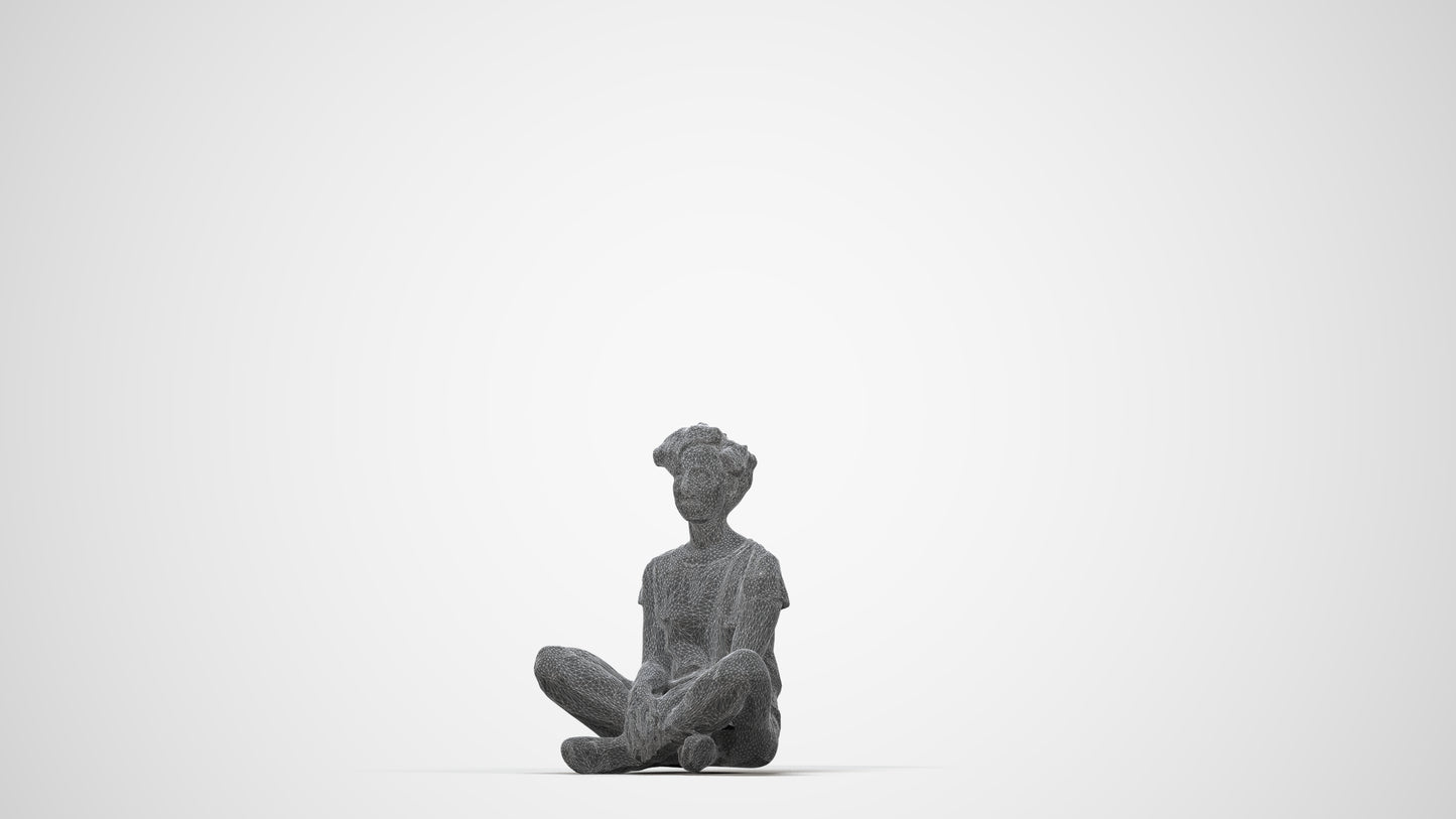 realistic 3D woman sitting, scanned archviz people for Blender and 3ds Max, wireframe back view