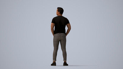 3D people model man casual standing, scanned human for 3ds Max rendering, three-quarter view render