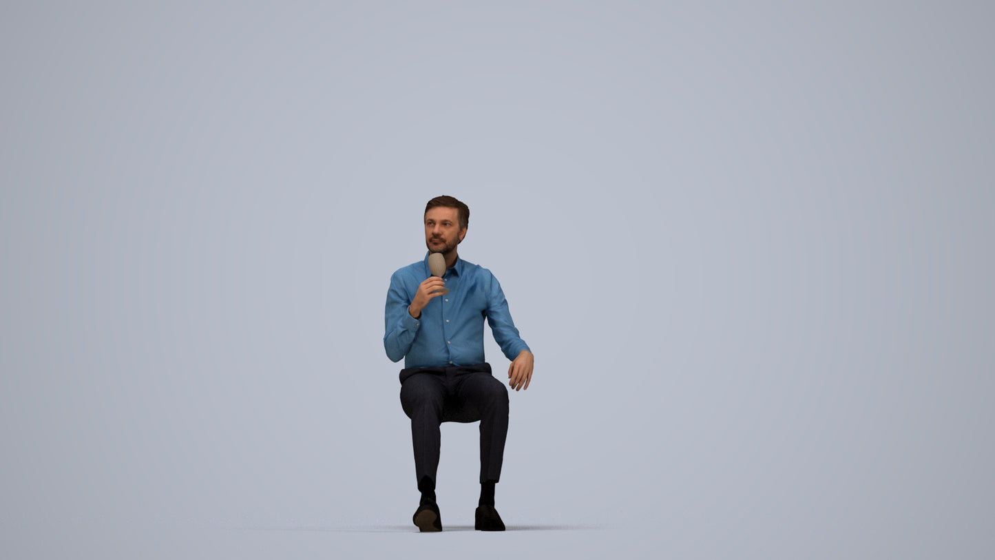 3D human model man business sitting, photogrammetry scanned person for archviz, top-down view render