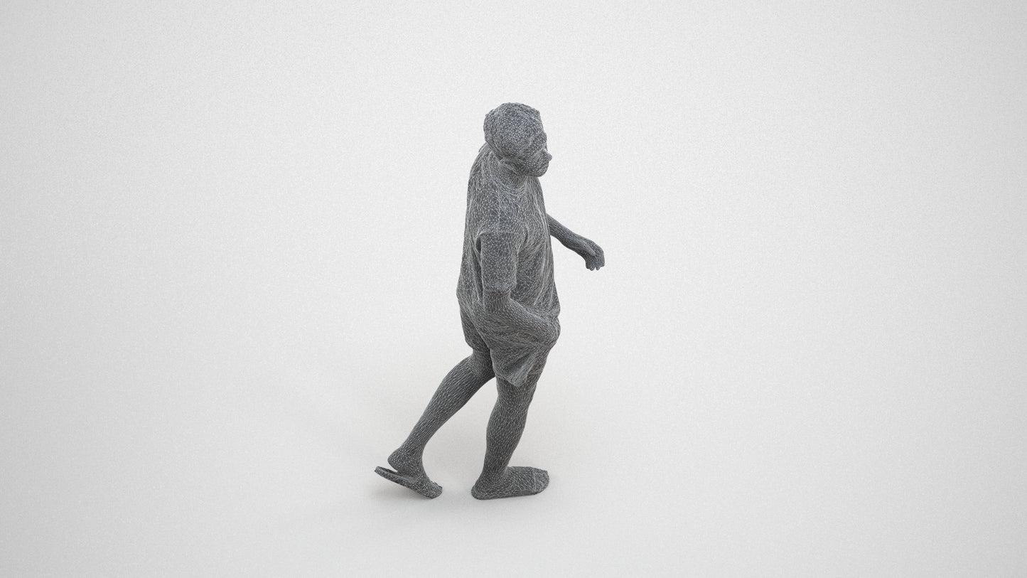 3D scanned man walking casual, photorealistic archviz people for Enscape and SketchUp, wireframe three-quarter view