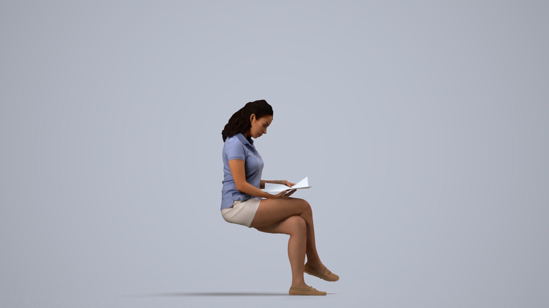 3D human model woman casual sitting, photogrammetry scanned person for archviz, side view render