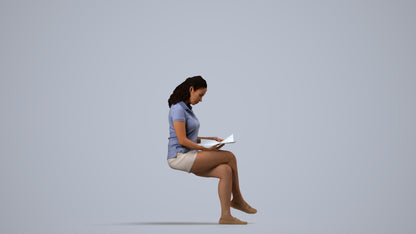 3D human model woman casual sitting, photogrammetry scanned person for archviz, side view render