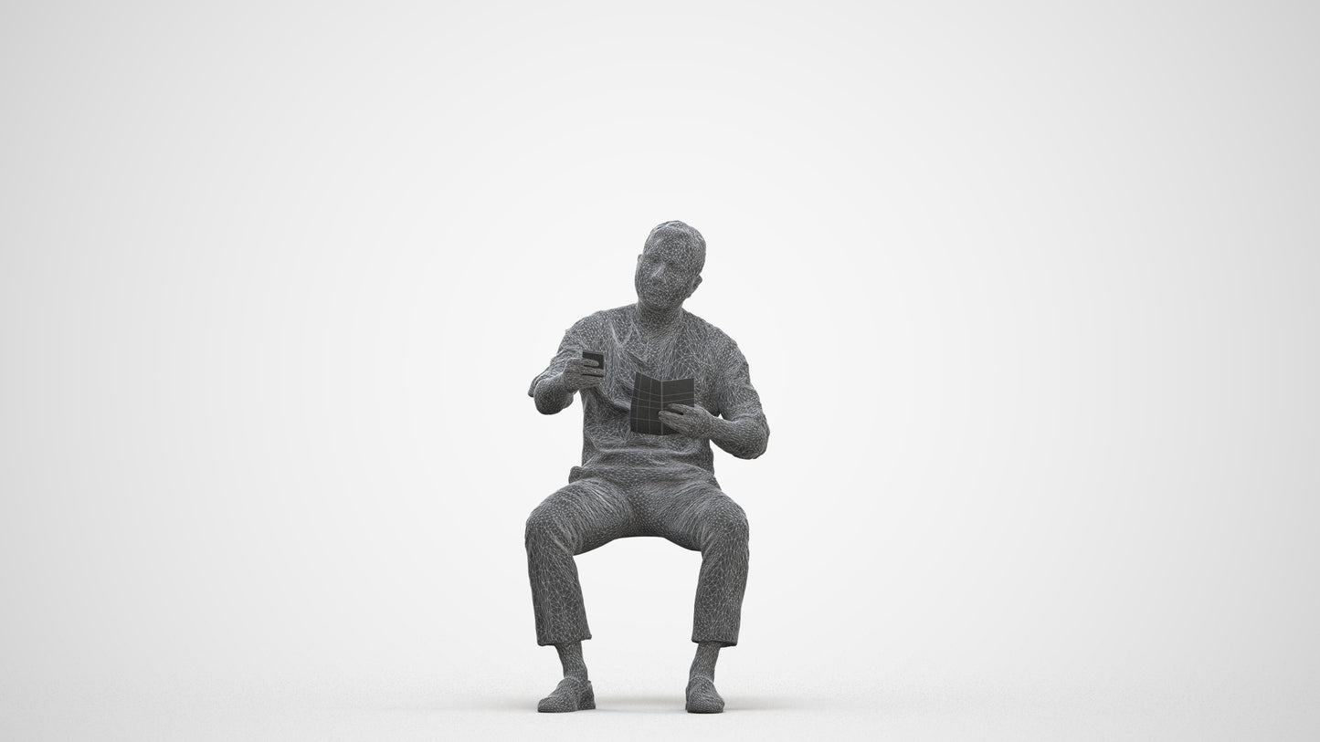 photogrammetry 3D man casual sitting, realistic human model archviz FBX, three-quarter front view render