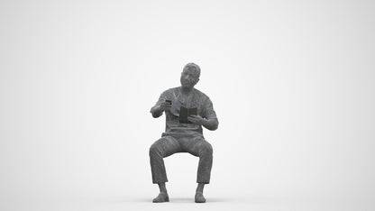 photogrammetry 3D man casual sitting, realistic human model archviz FBX, three-quarter front view render