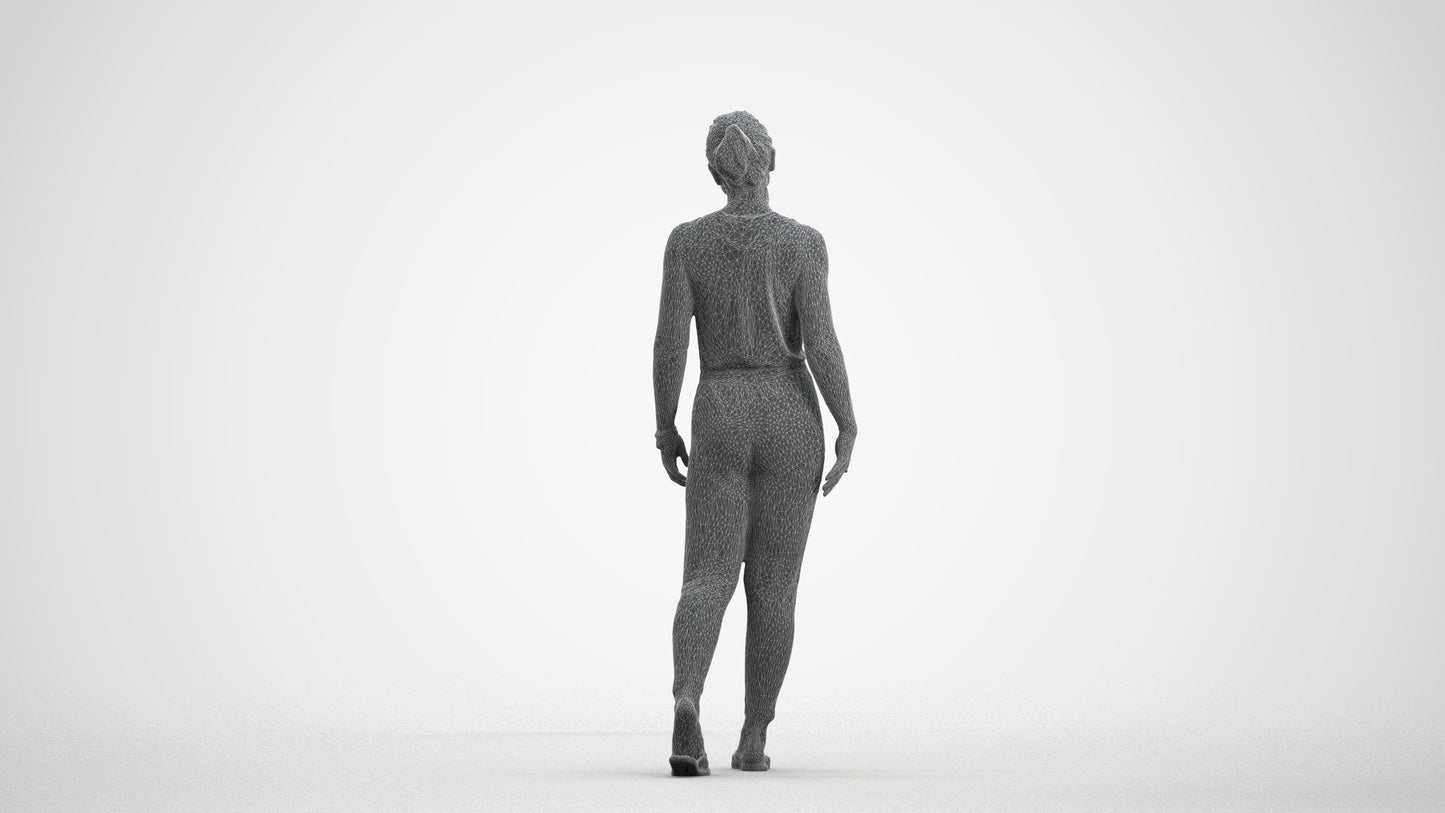 3D human model woman casual walking, photogrammetry scanned person for archviz, wireframe front view