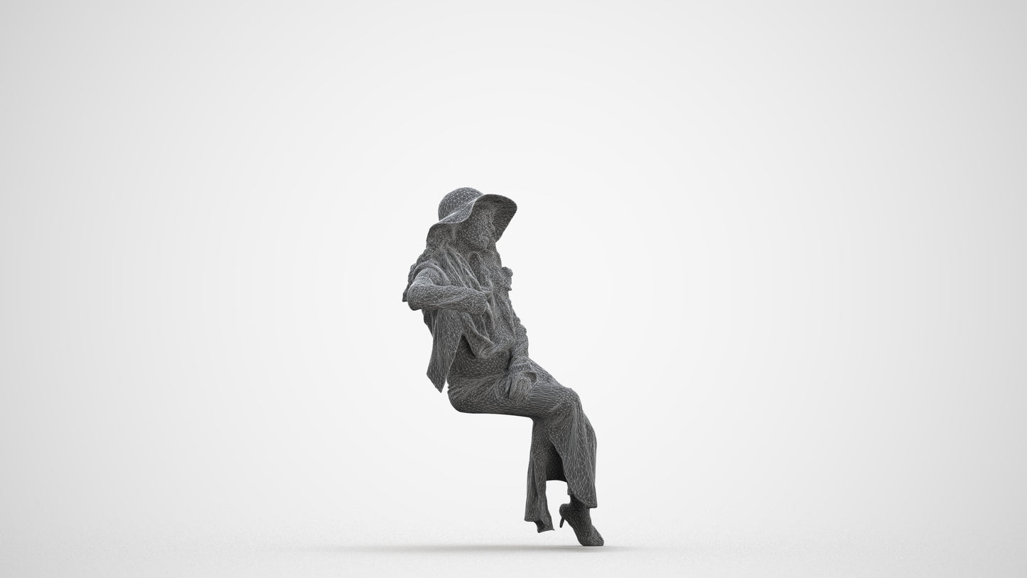 realistic 3D woman casual sitting, scanned archviz people for Blender and 3ds Max, three-quarter front view render