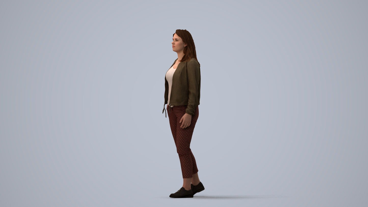 3D scanned woman walking casual, photorealistic archviz people for Enscape and SketchUp, three-quarter view render