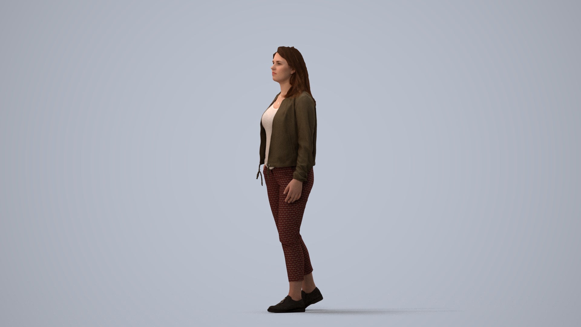 3D scanned woman walking casual, photorealistic archviz people for Enscape and SketchUp, three-quarter view render