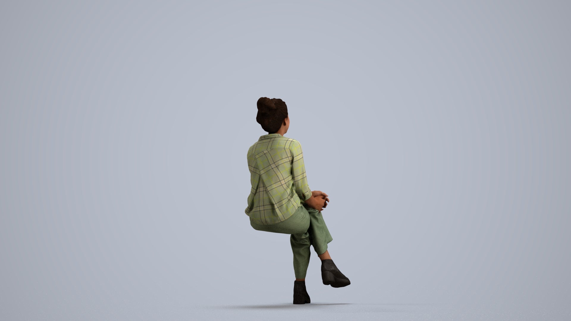 photogrammetry 3D woman casual sitting, realistic human model archviz FBX, front view render