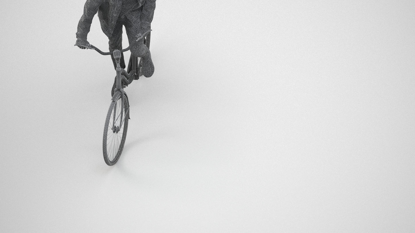 realistic 3D human man casual cycling, archviz people FBX OBJ for Blender, wireframe three-quarter view
