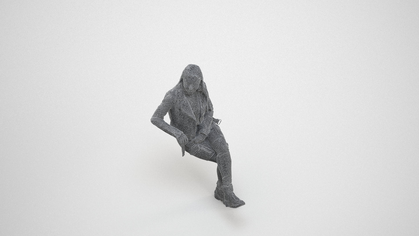 3D scanned woman sitting casual, photorealistic archviz people for Enscape and SketchUp, wireframe three-quarter view