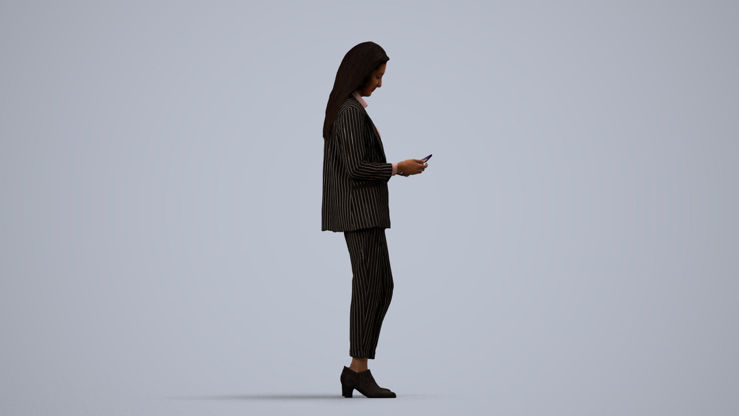 3D human model woman business, photogrammetry scanned person for archviz, side view render