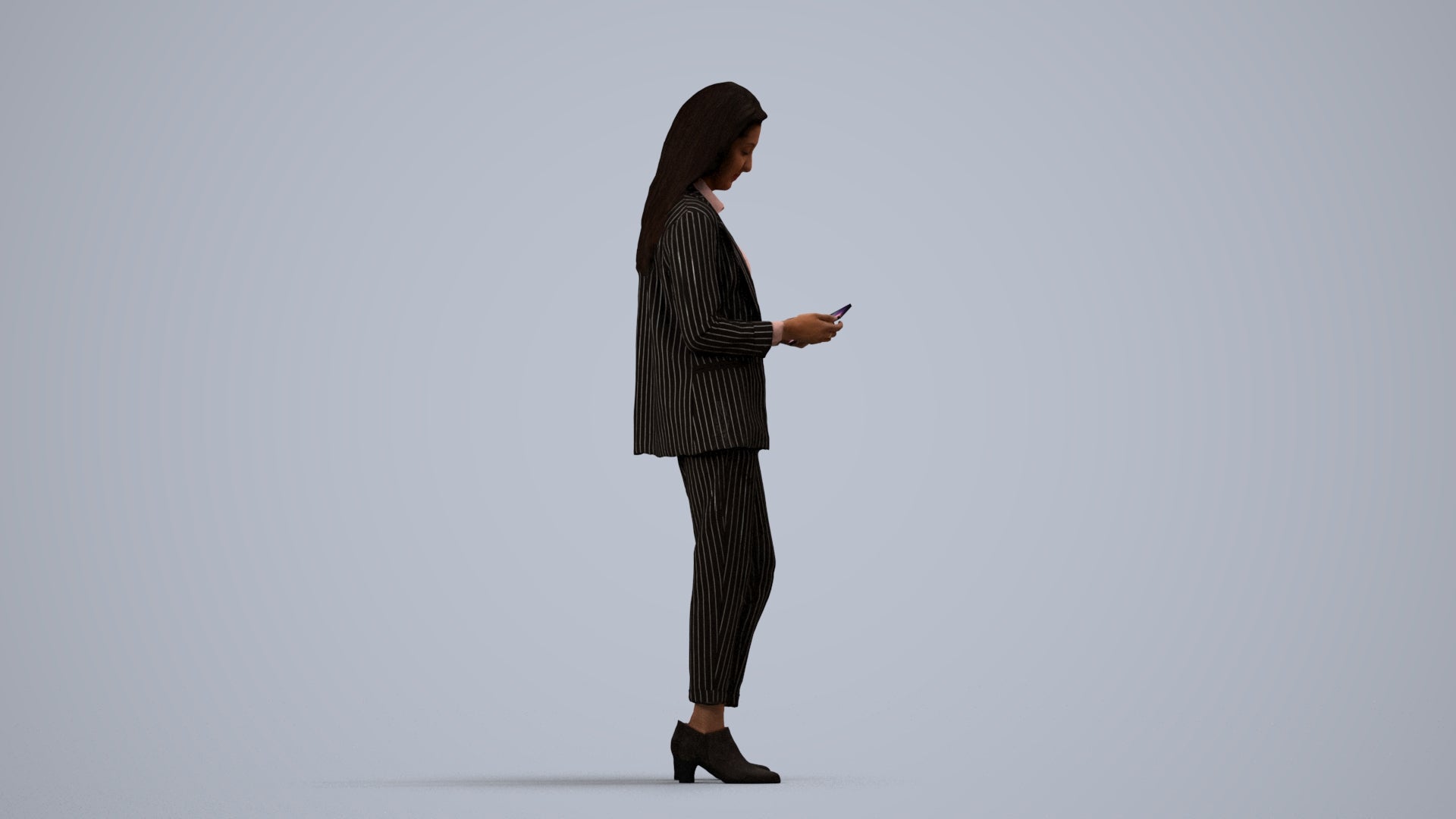 3D human model woman business, photogrammetry scanned person for archviz, side view render
