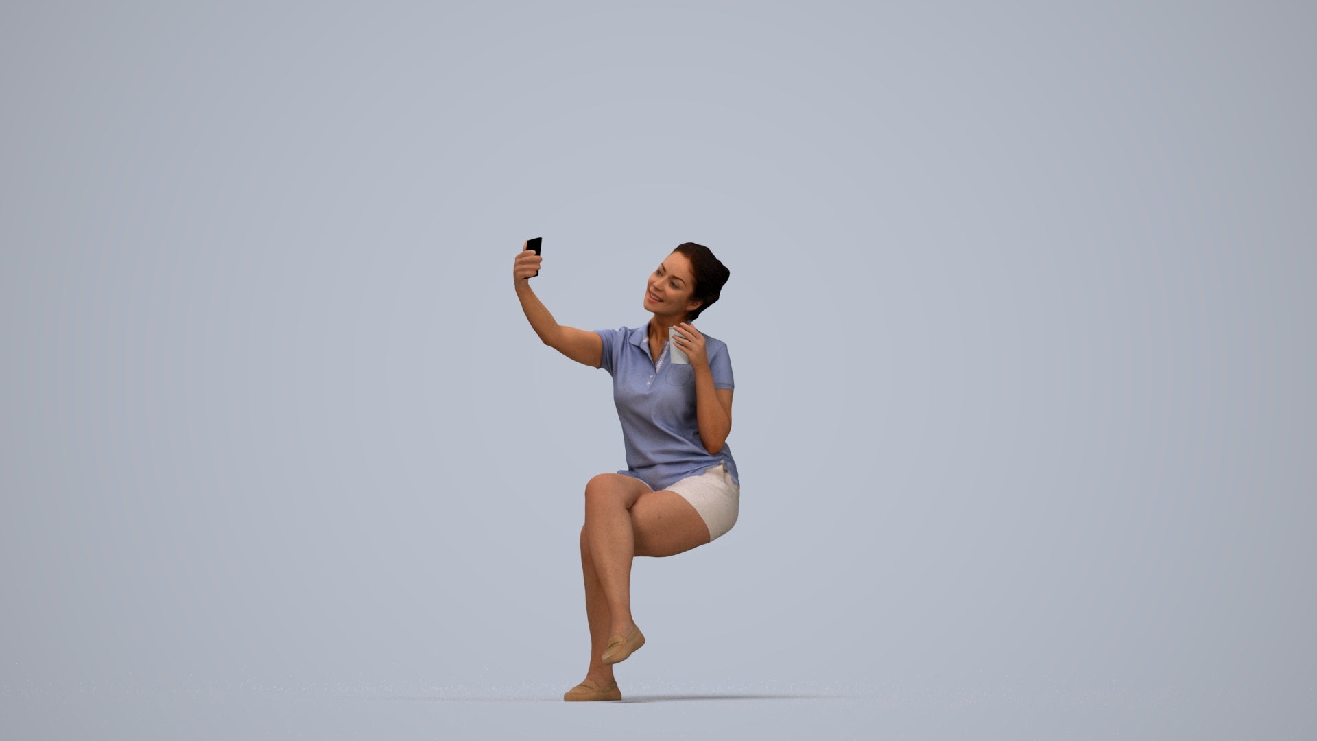 realistic 3D human woman casual sitting, archviz people FBX OBJ for Blender, top-down view render