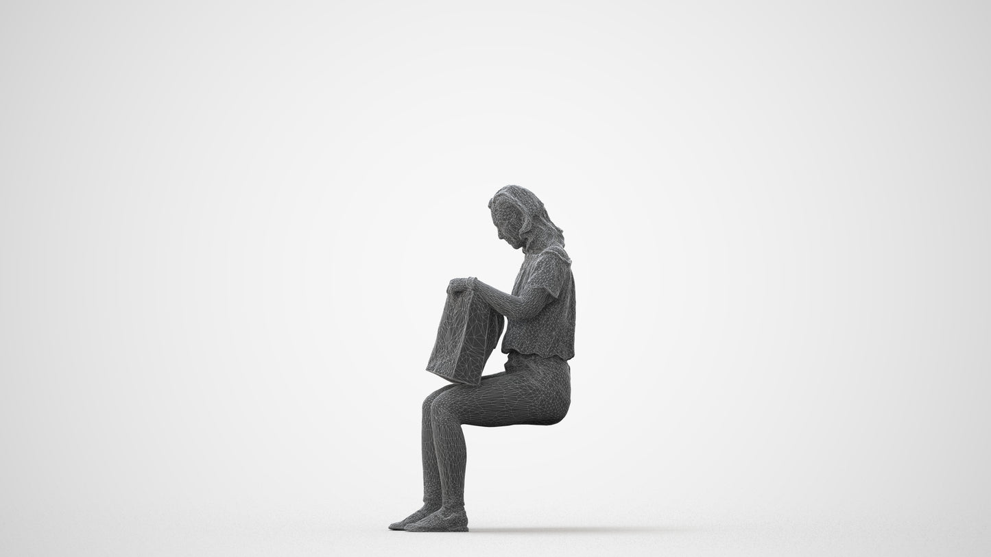 3D human model woman casual sitting, photogrammetry scanned person for archviz, square thumbnail