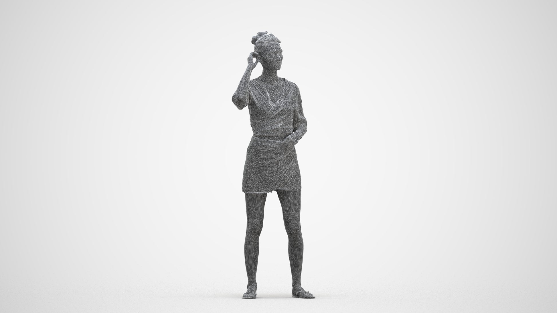 3D human model woman casual standing, photogrammetry scanned person for archviz, three-quarter front view render