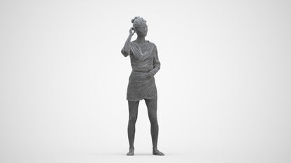 3D human model woman casual standing, photogrammetry scanned person for archviz, three-quarter front view render