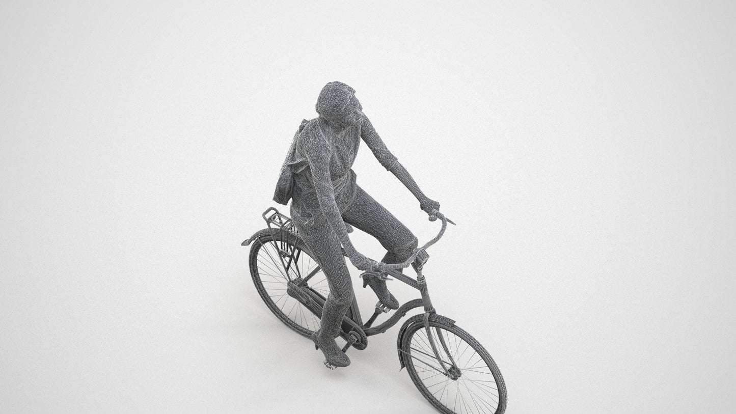 3D scanned woman cycling casual, photorealistic archviz people for Enscape and SketchUp, wireframe three-quarter view