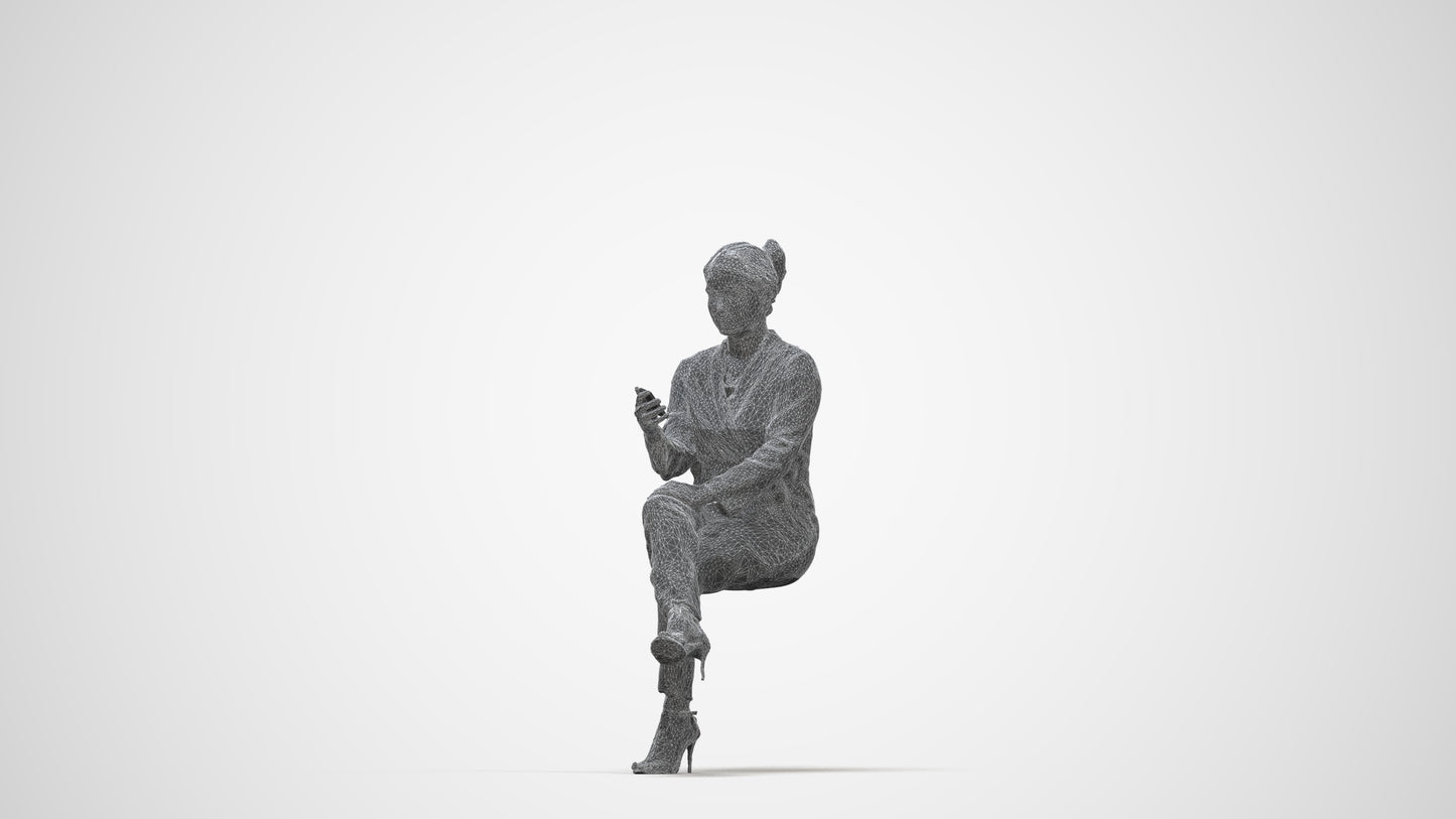 3D human model woman business sitting, photogrammetry scanned person for archviz, wireframe back view