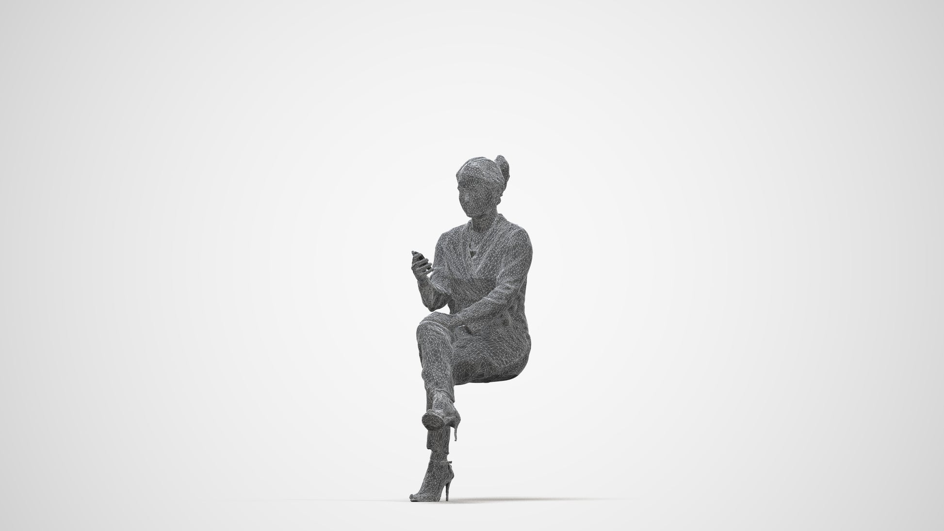 3D human model woman business sitting, photogrammetry scanned person for archviz, wireframe back view