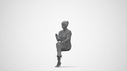 3D human model woman business sitting, photogrammetry scanned person for archviz, wireframe back view