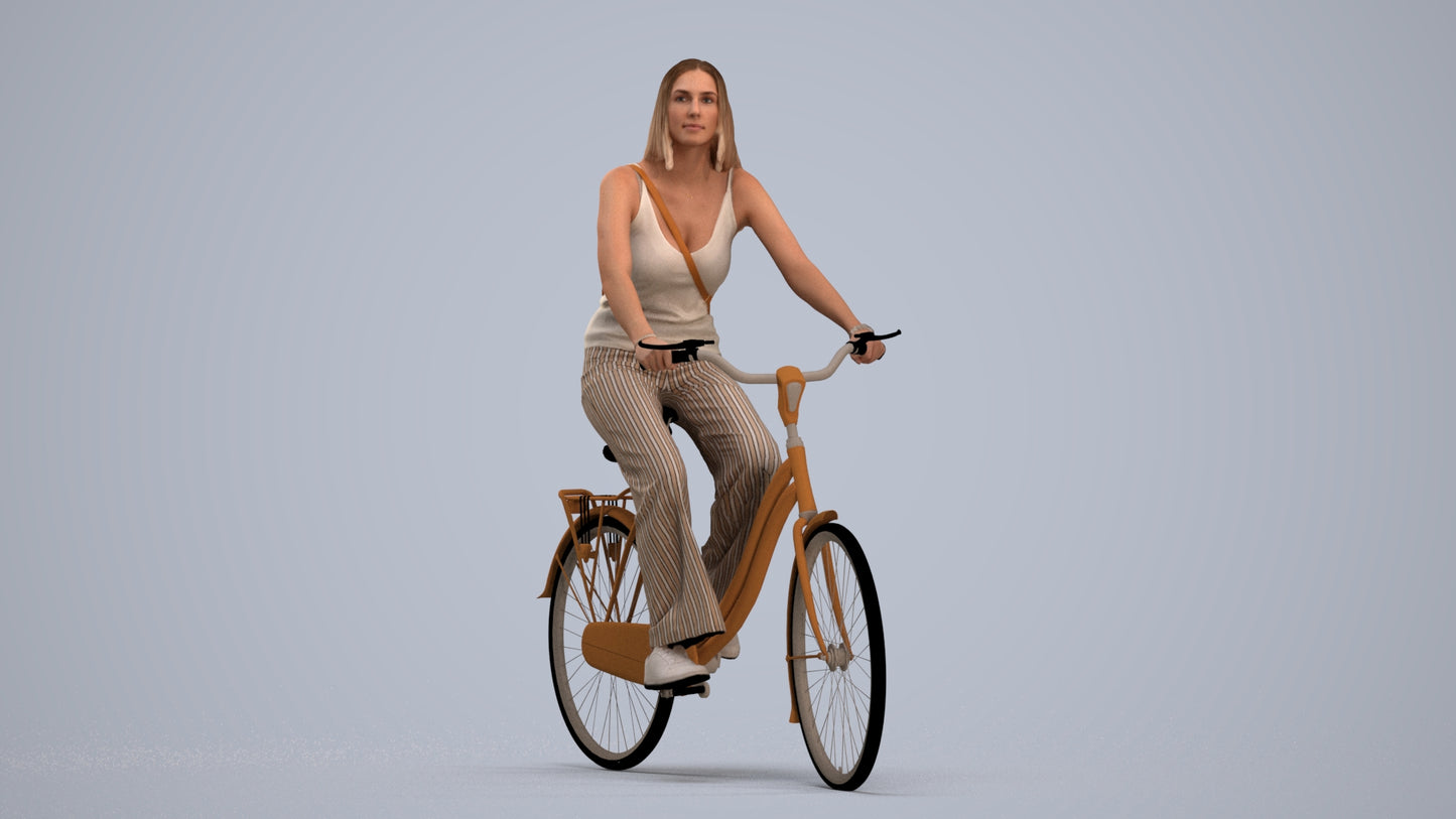 realistic 3D people woman casual cycling, render-ready for V-Ray and Corona, FBX OBJ, standing pose render