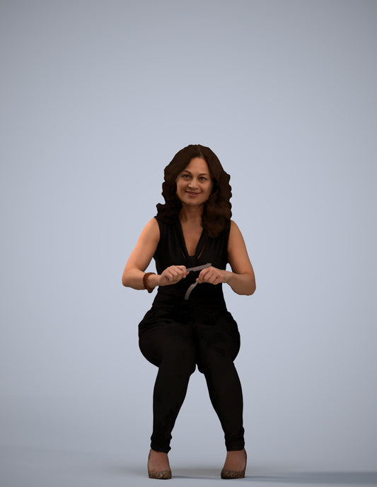 3D human model woman casual sitting, photogrammetry scanned person for archviz