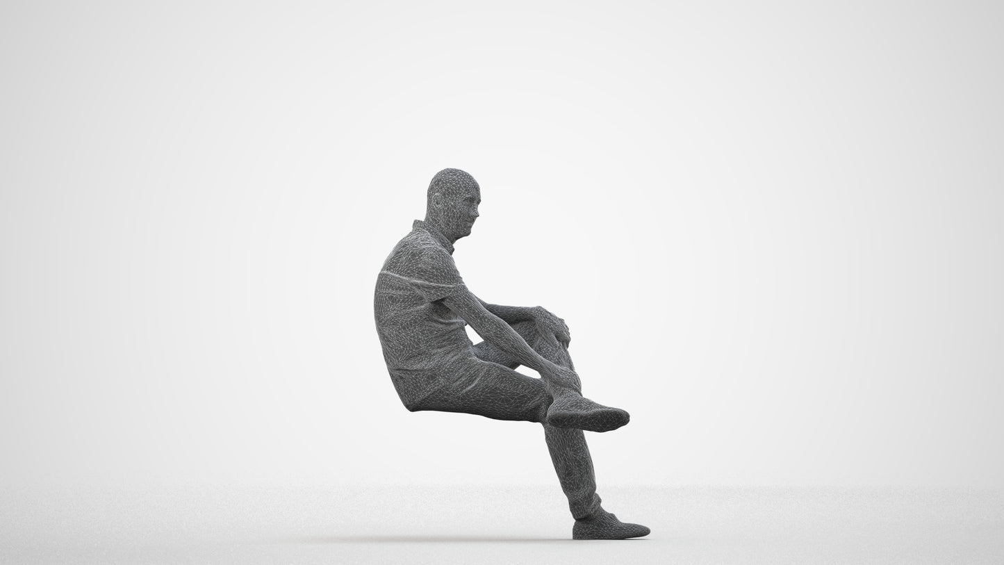 3D scanned senior man sitting casual, photorealistic archviz people for Enscape and SketchUp, wireframe side view