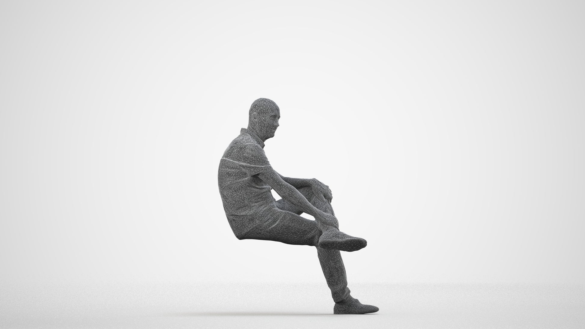 3D scanned senior man sitting casual, photorealistic archviz people for Enscape and SketchUp, wireframe side view