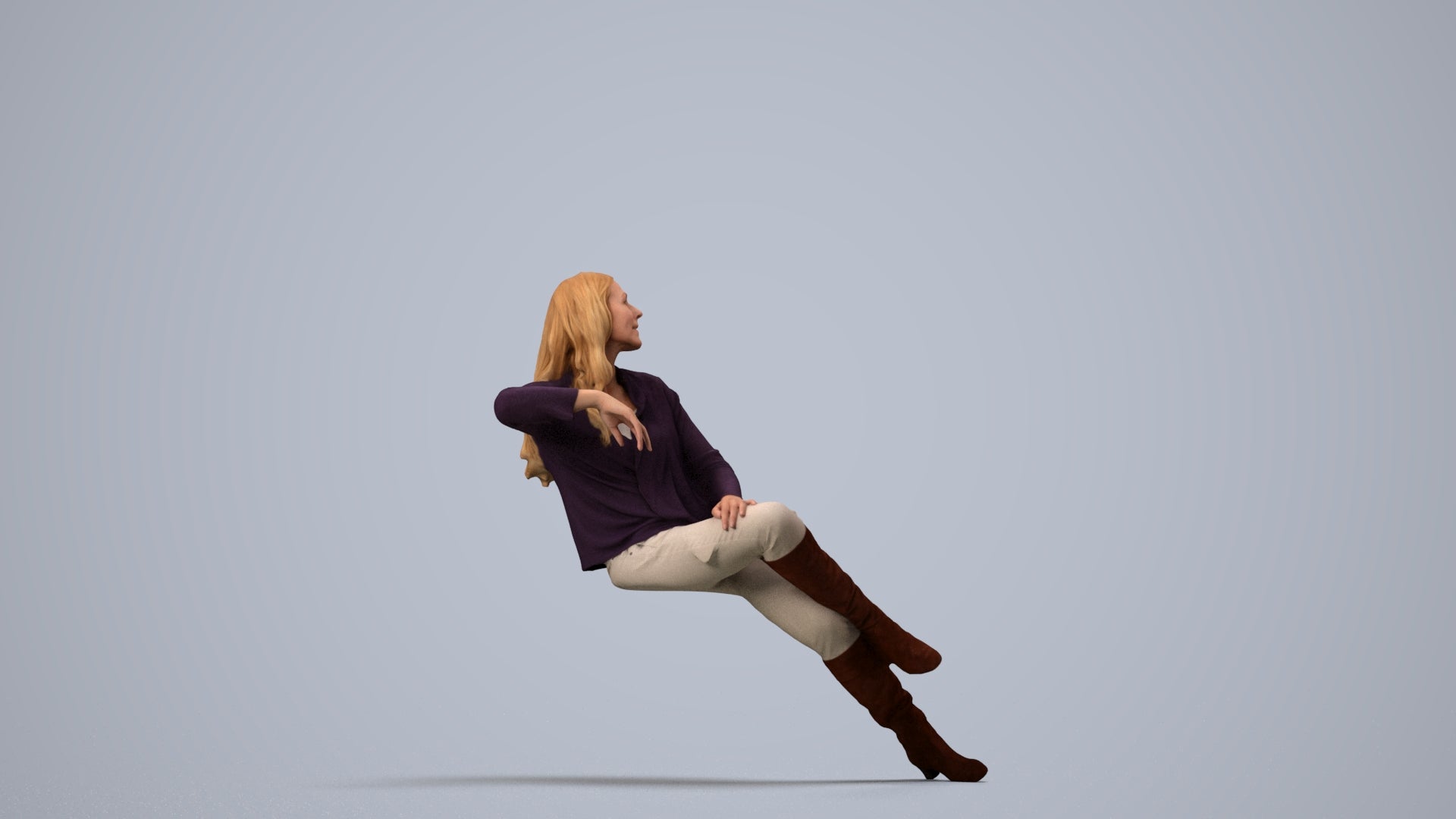 3D human model woman casual sitting, photogrammetry scanned person for archviz, side view render