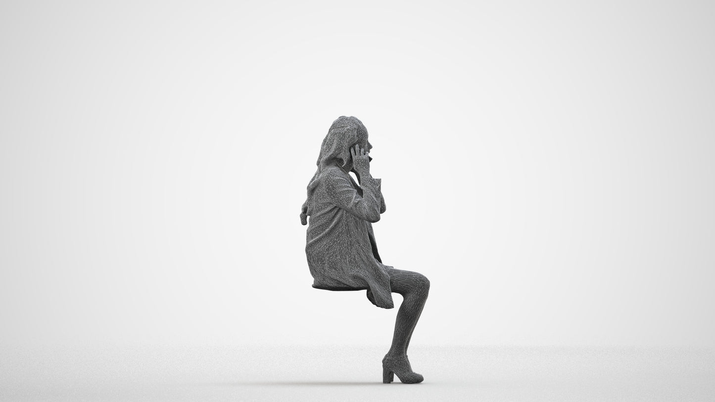 scanned 3D woman business sitting, photogrammetry people for Enscape and V-Ray, wireframe side view