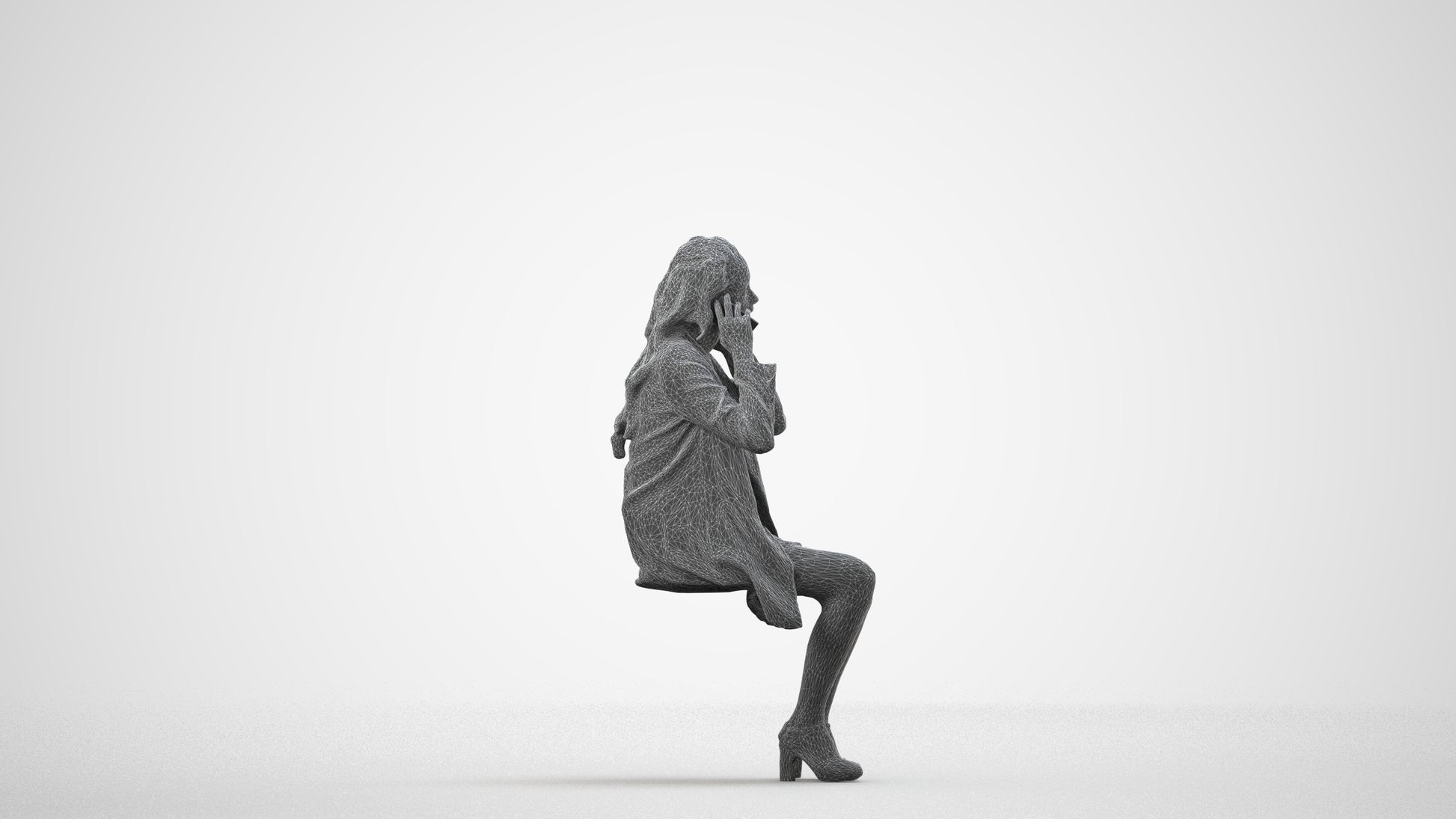 scanned 3D woman business sitting, photogrammetry people for Enscape and V-Ray, wireframe side view