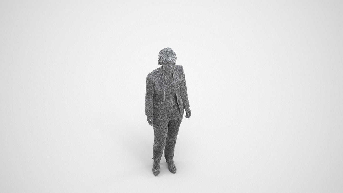 scanned 3D senior woman business standing, photogrammetry people for Enscape and V-Ray, wireframe three-quarter view