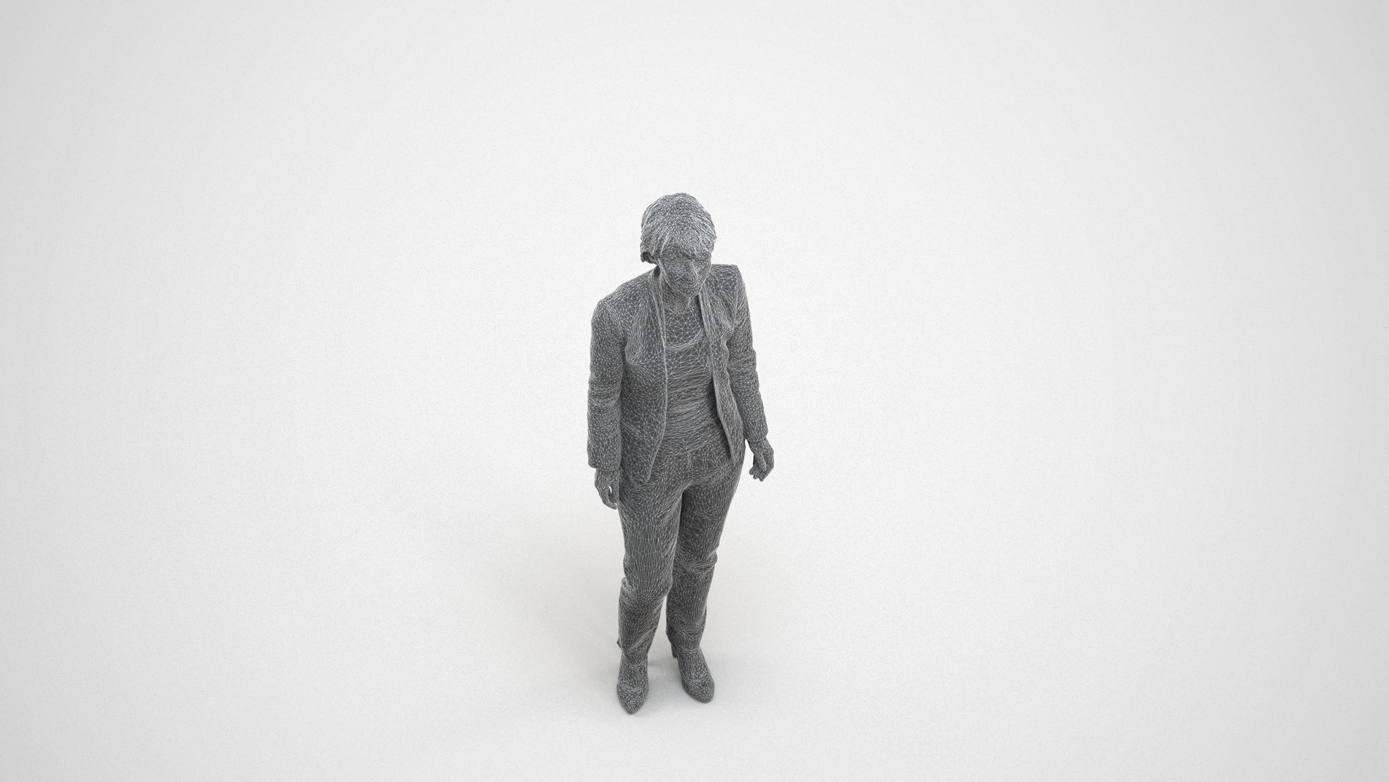 scanned 3D senior woman business standing, photogrammetry people for Enscape and V-Ray, wireframe three-quarter view