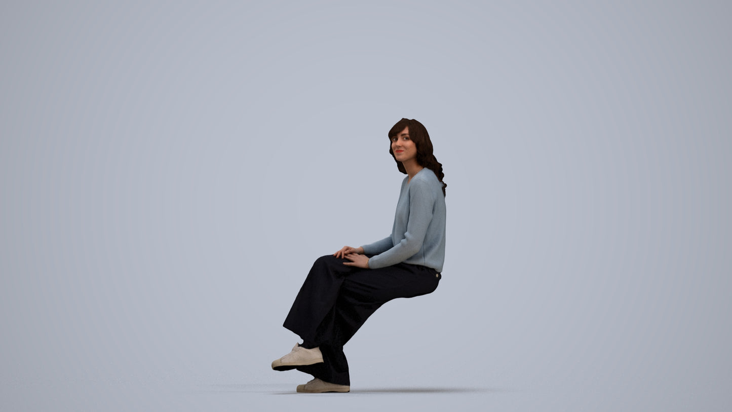 3D human model woman casual sitting, photogrammetry scanned person for archviz, standing pose render
