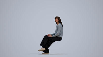 3D human model woman casual sitting, photogrammetry scanned person for archviz, standing pose render
