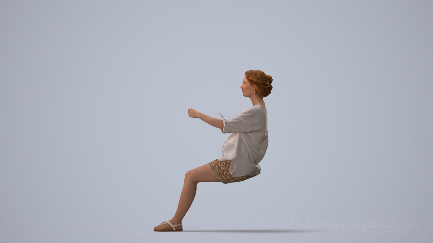 3D scanned woman driving casual, photorealistic archviz people for Enscape and SketchUp, three-quarter view render