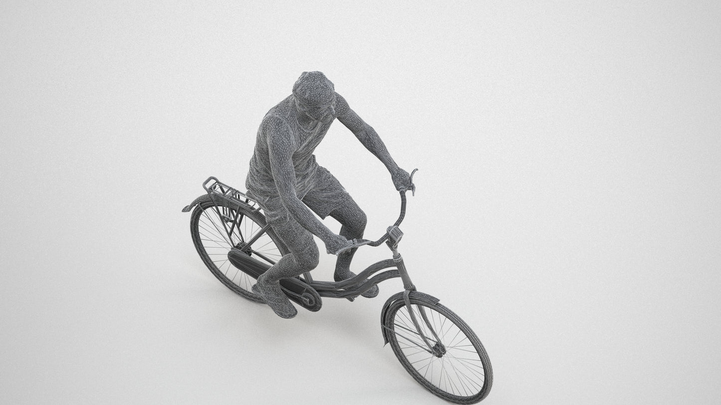 scanned 3D man casual cycling, photogrammetry people for Enscape and V-Ray, wireframe three-quarter view