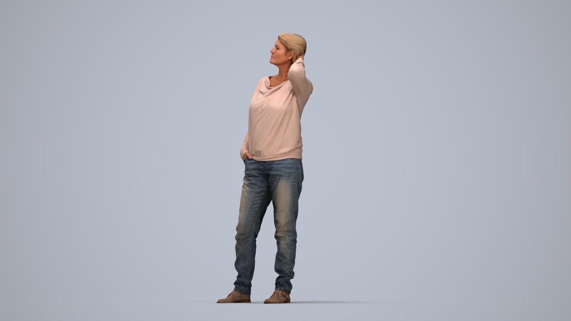 3D people model woman casual standing, scanned human for 3ds Max rendering, top-down view render