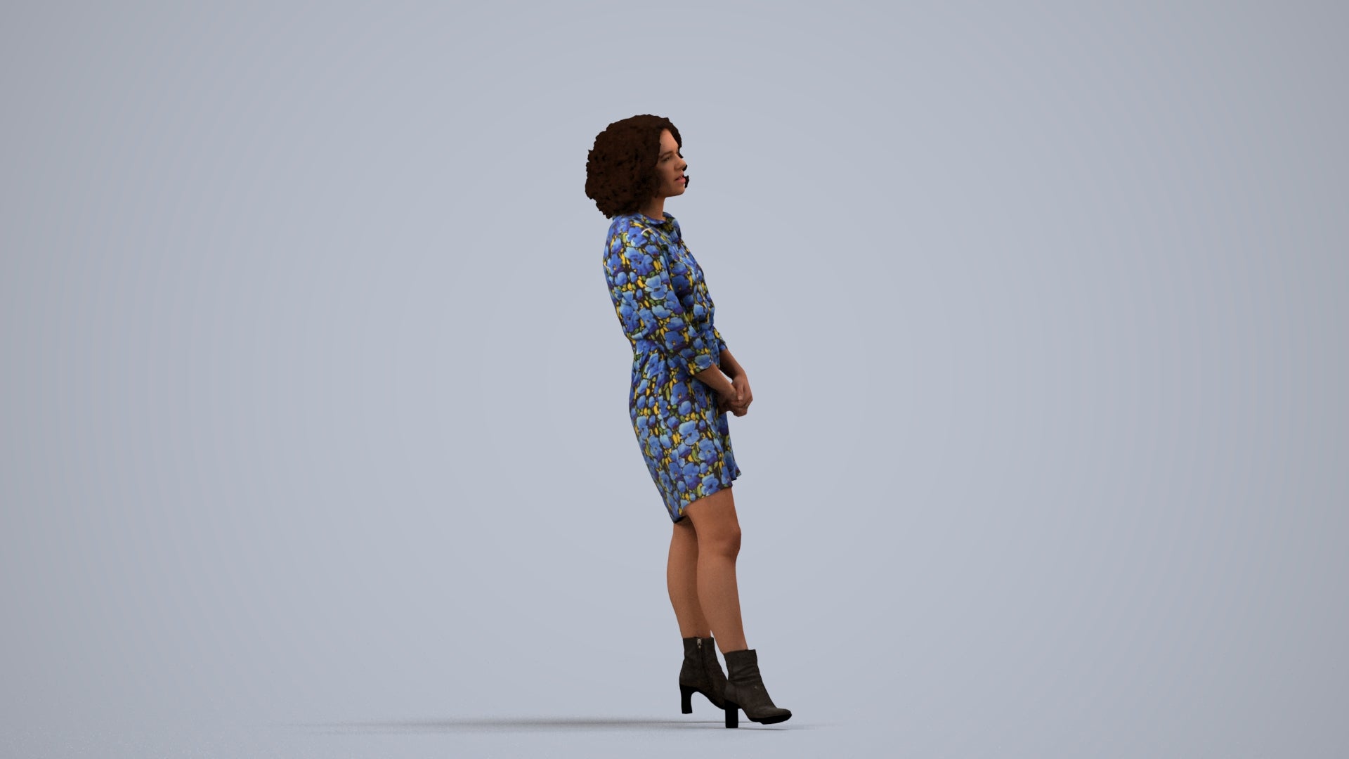 3D human model woman casual standing, photogrammetry scanned person for archviz, side view render