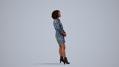 3D human model woman casual standing, photogrammetry scanned person for archviz, side view render
