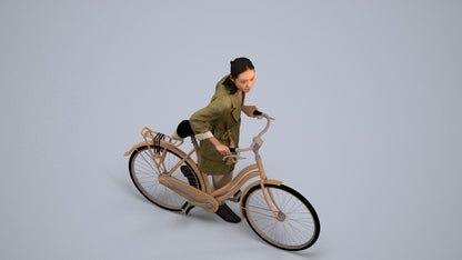 3D human model woman casual cycling, photogrammetry scanned person for archviz, back view render