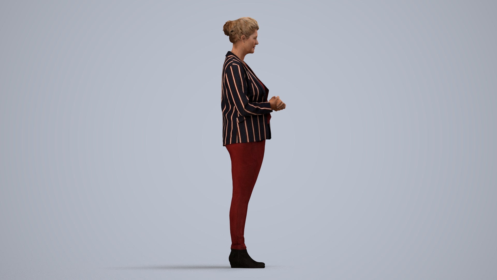 realistic 3D human woman business standing, archviz people FBX OBJ for Blender, side view render