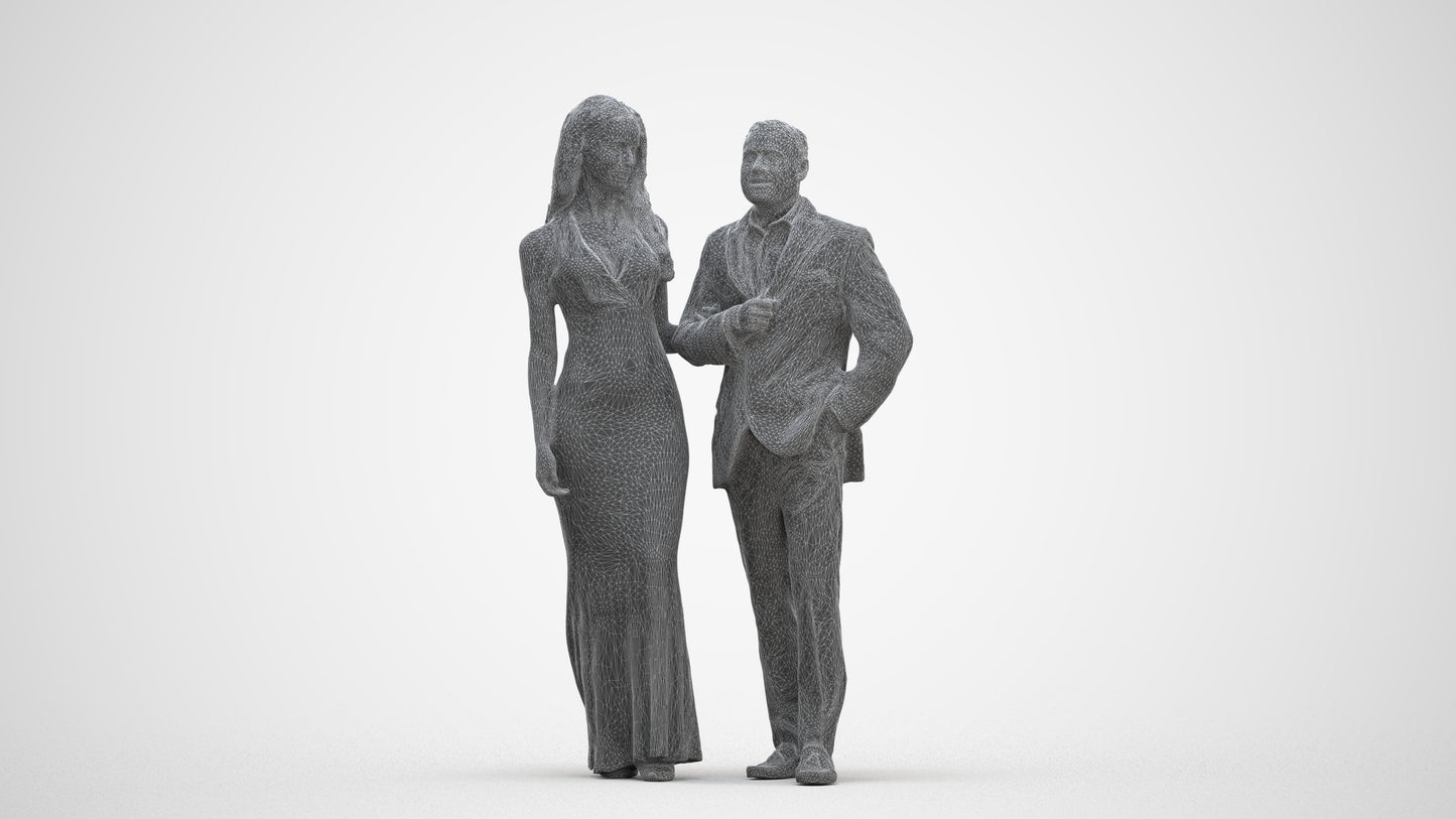 3D human model woman formal couple, photogrammetry scanned person for archviz, three-quarter front view render