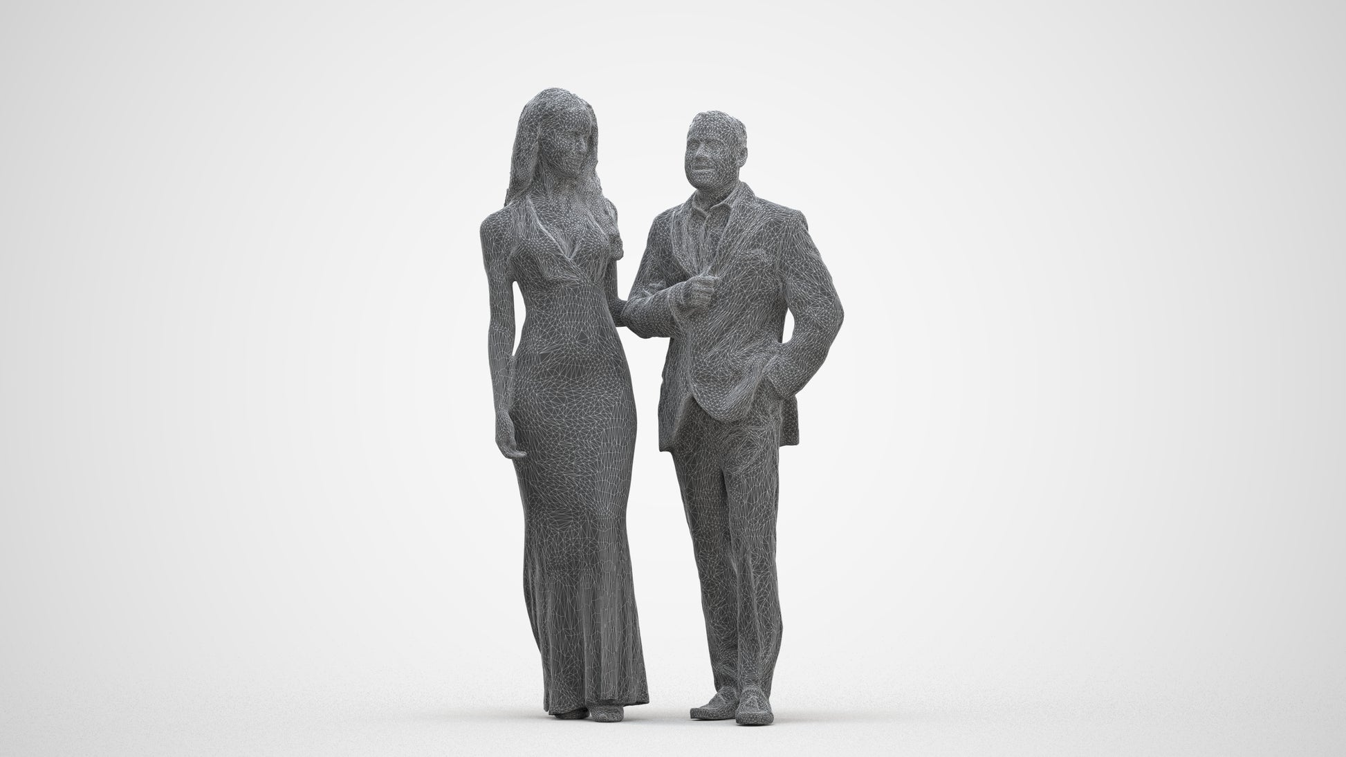 3D human model woman formal couple, photogrammetry scanned person for archviz, three-quarter front view render